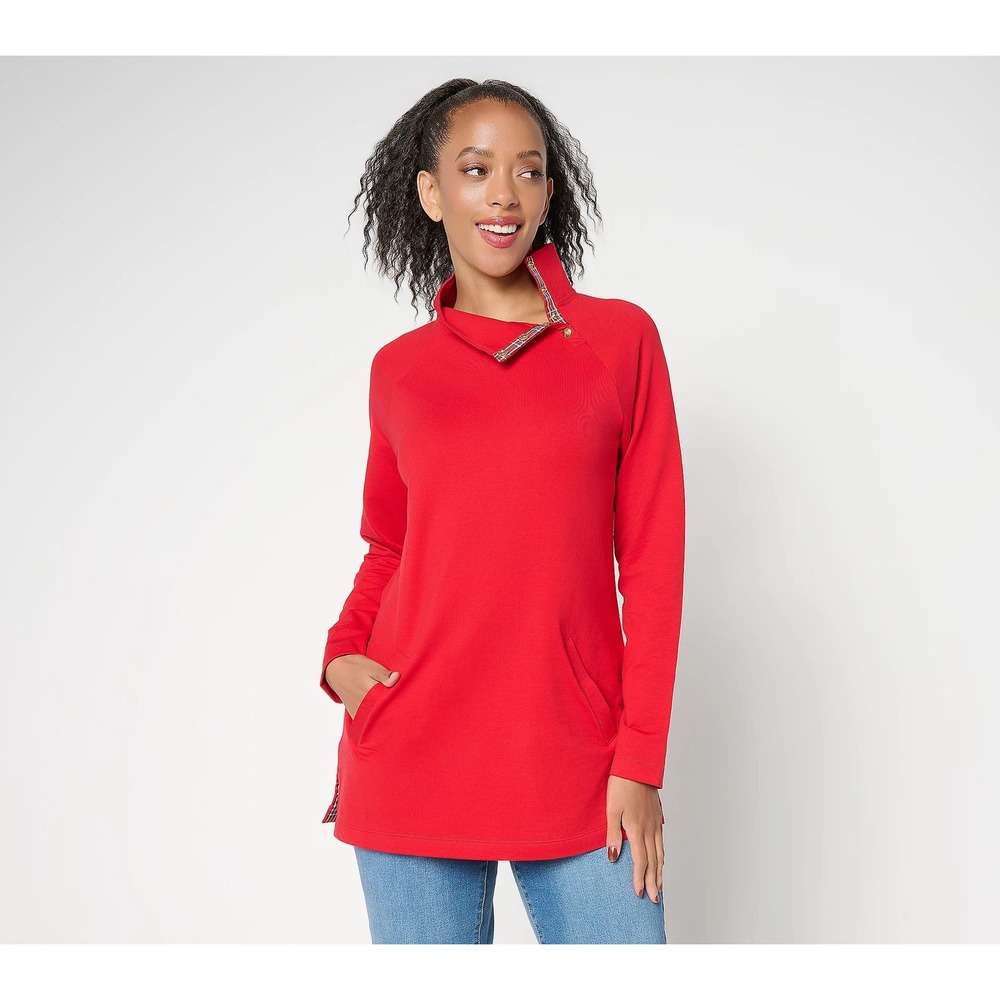 Denim & Co. Regular French Terry Mock Neck Tunic with Plaid Trim Red Large